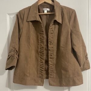 Christopher & Banks 3/4 Sleeve Open Blazer Tan Faux Suede Ruched Shoulder Pads M